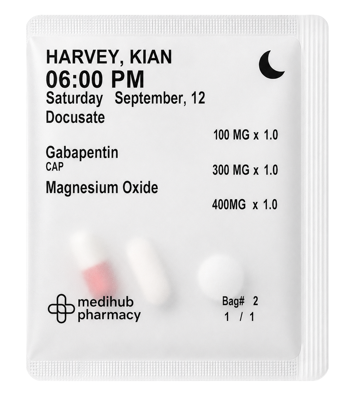 Medihub MediPacks pouch labeled with patient name, dose time and each medication