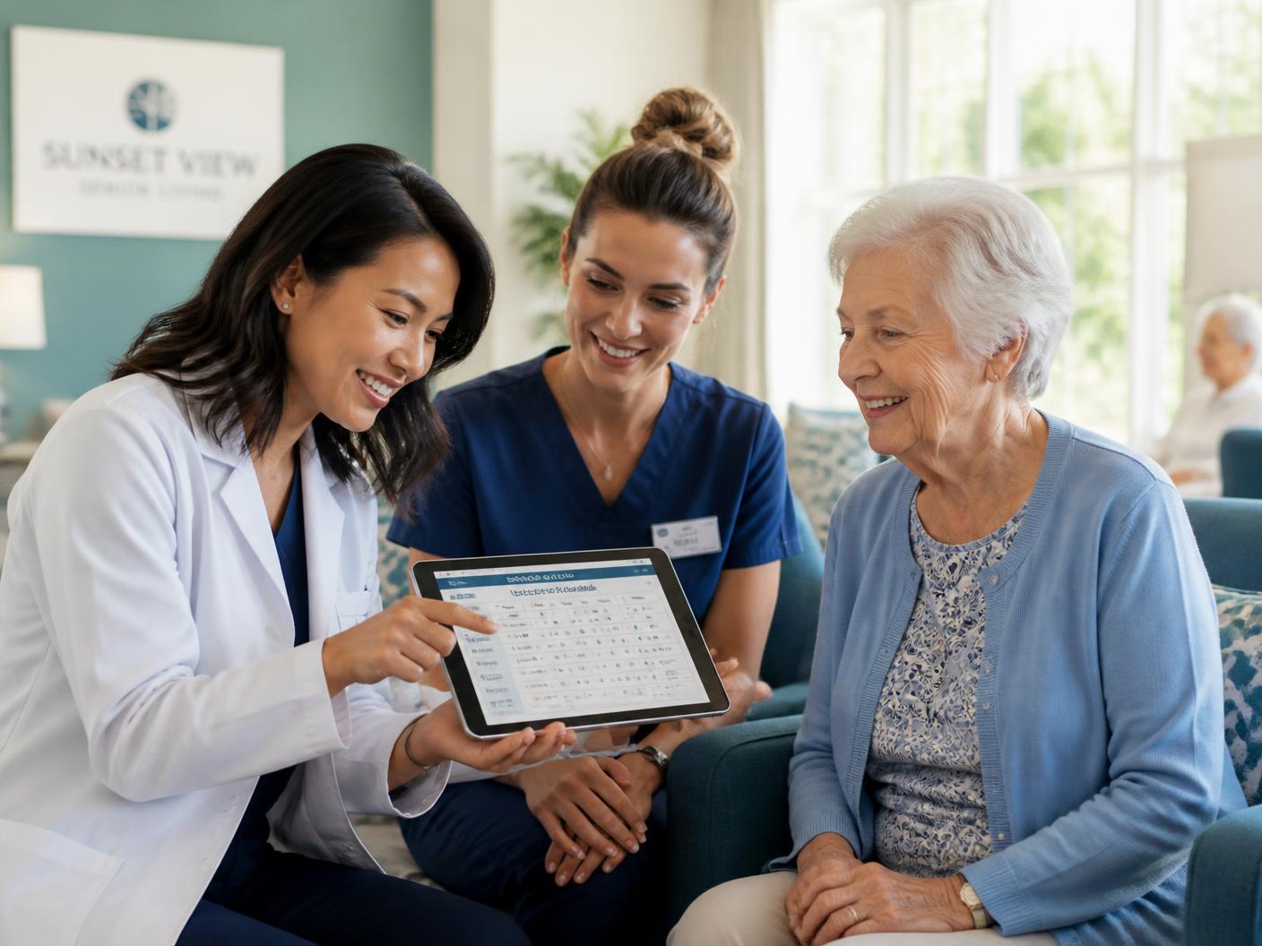 Pharmacist and nurse reviewing a resident's medication schedule together in an assisted living community