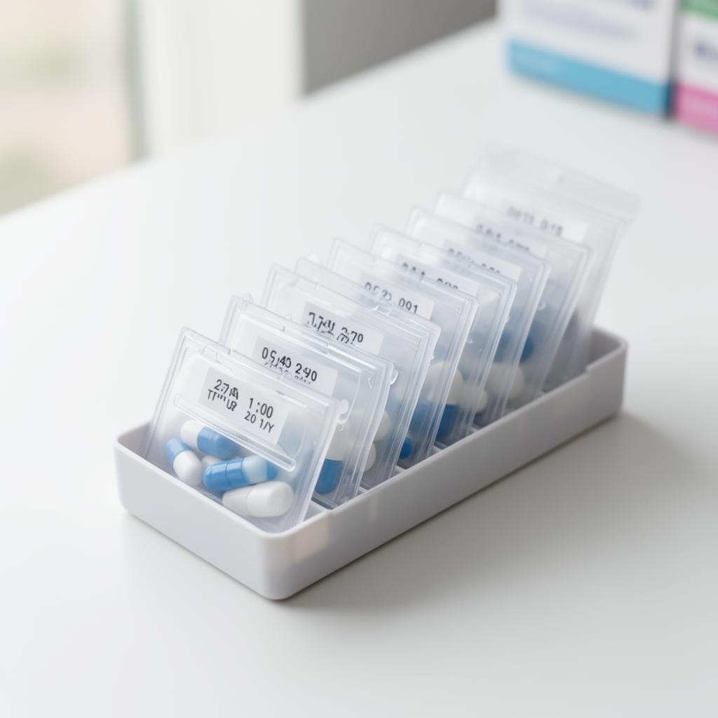 Pre-sorted MediPacks pill pouches labeled by date, time and dose